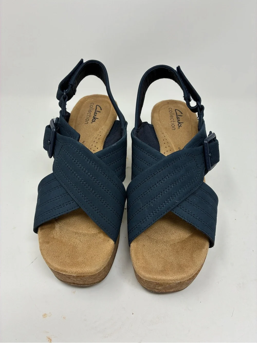 Clarks Collection Women’s Navy Crisscross Cork Platform Sandals 7